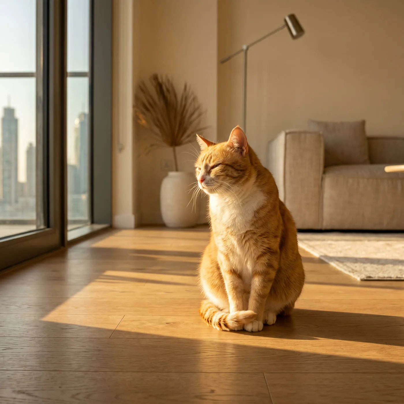 Cat resting in a sunlit Dubai apartment, skyline visible through the window