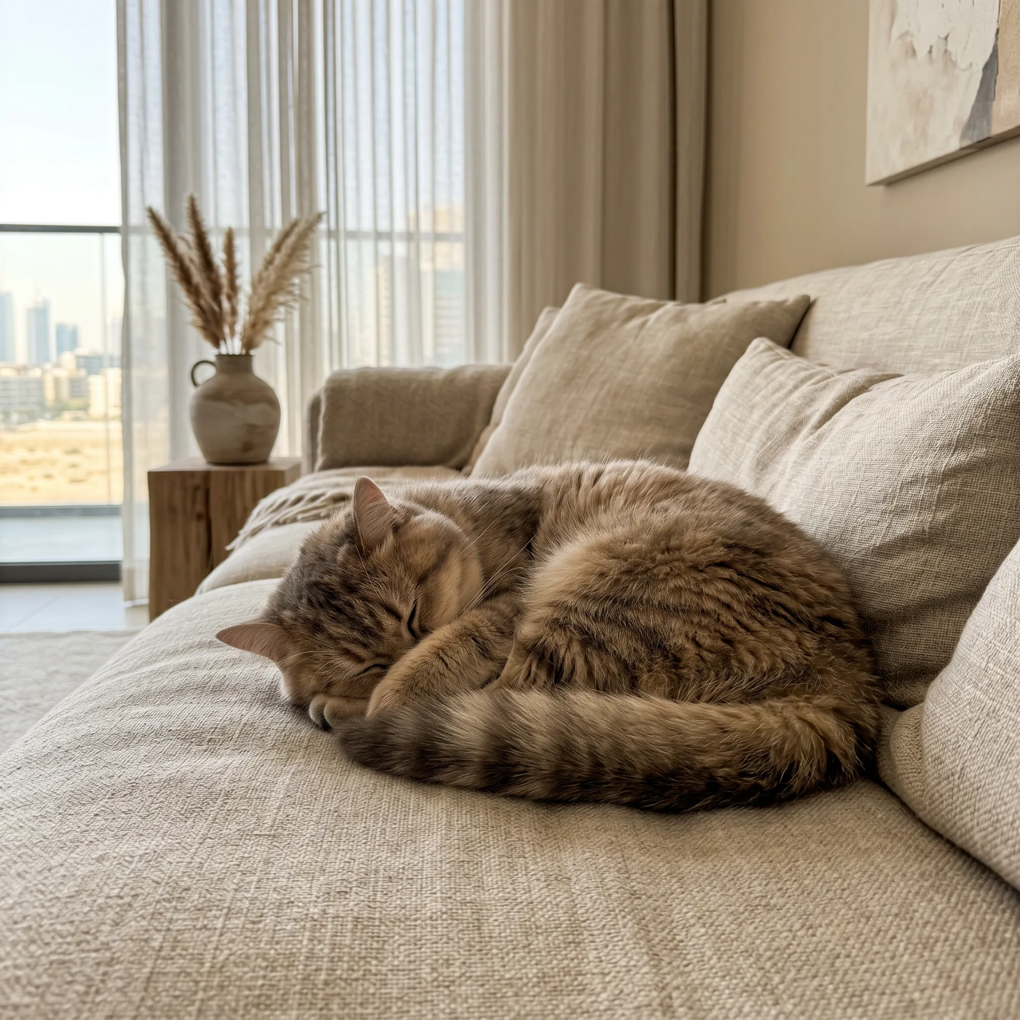 Cat curled up asleep on a sofa, Dubai skyline visible through the window