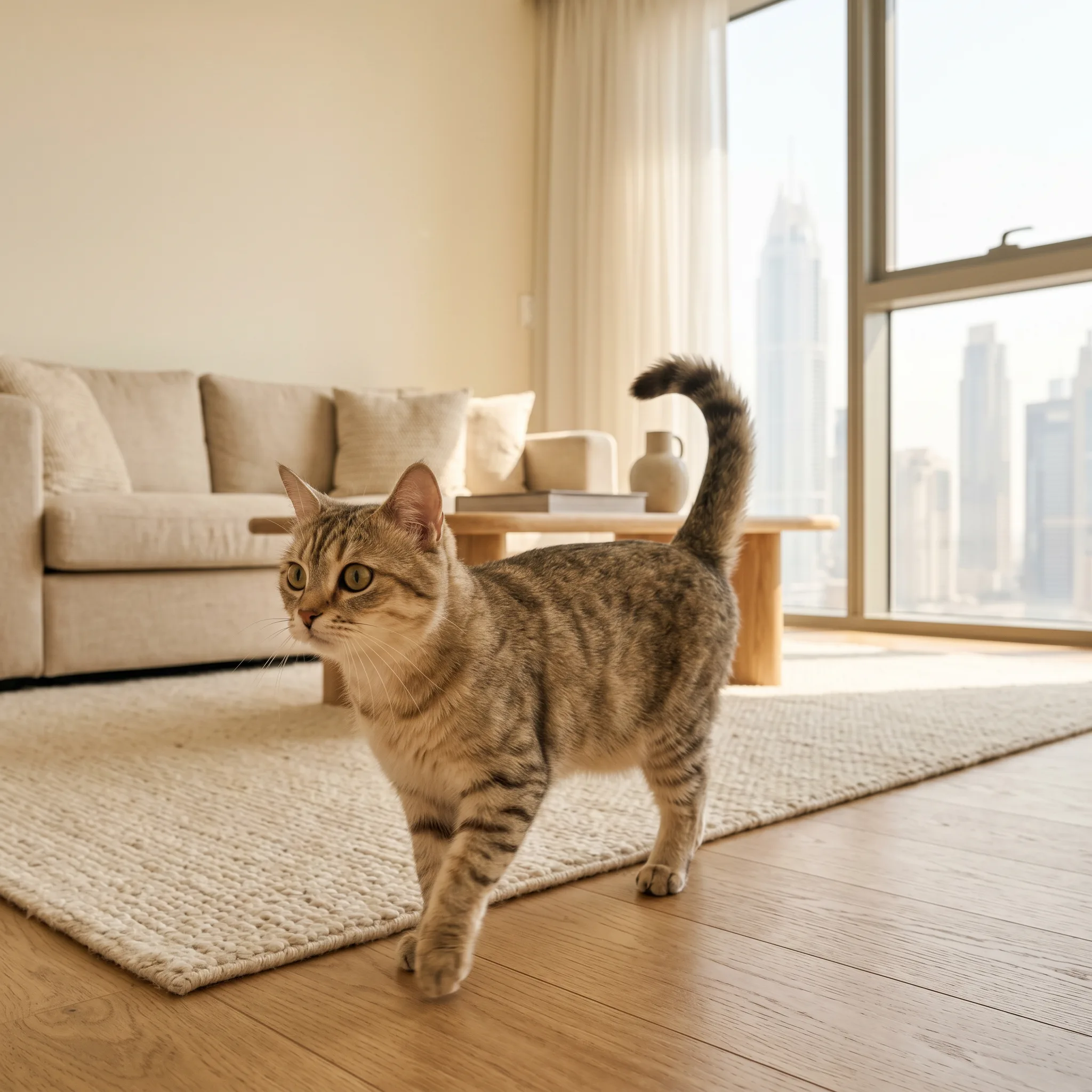 Cat walking confidently through a sunlit living room with the Dubai skyline behind it